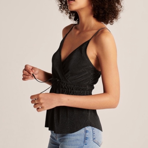 NWT Abercrombie & Fitch Black Satin Pleated Tie Front Cami | Size S - Picture 5 of 15